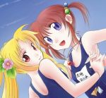  blonde_hair brown_hair fate_testarossa jason_(kaiten_kussaku_kikou) long_hair looking_at_viewer looking_back lowres lyrical_nanoha mahou_shoujo_lyrical_nanoha mahou_shoujo_lyrical_nanoha_a&#039;s mahou_shoujo_lyrical_nanoha_a's multiple_girls open_mouth school_swimsuit smile swimsuit takamachi_nanoha 