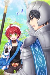  armor bag banner belt belt_buckle black_eyes black_hair gloves green_eyes hat helmet holding jacket lowres mail messenger_bag messenger_knight no open_mouth outstretched_hand pauldrons polearm ratise red_hair redhead short_hair shorts shoulder_bag spear sword_girls weapon 