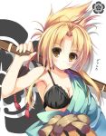  arquebus blonde_hair blush bra breasts cleavage japanese_clothes lingerie looking_at_viewer nozomi_tsubame oda_nobuna oda_nobuna_no_yabou open_clothes sheath sheathed smile solo underwear weapon yellow_eyes 
