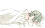  bed_sheet collarbone crying green_eyes green_hair hug_(artist) short_hair soga_no_tojiko solo tears touhou white_background 