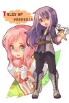  1girl :o belt black_eyes black_hair coat estellise_sidos_heurassein gloves green_eyes long_hair pants pink_hair short_hair sword tales_of_(series) tales_of_vesperia title_drop weapon yuri_lowell yuzuma_(321353) 