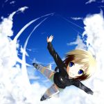  blonde_hair blue_eyes cloud clouds dog_tail erica_hartmann military military_uniform multicolored_hair smile solo strike_witches striker_unit tail uniform 