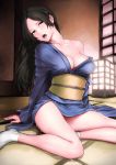  arm_support black_eyes black_hair breasts cleavage delta_zone dripping hot japanese_clothes kimono legs long_hair obi off_shoulder open_mouth original socks solo sweat sweating sweating_profusely wet white_legwear 