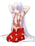  adjusting_hair arms_behind_head barefoot fujiwara_no_mokou hair_ribbon highres long_hair long_sleeves miyo_(ranthath) mouth_hold navel pants puffy_sleeves ribbon seiza silver_hair sitting solo suspenders touhou tying_hair very_long_hair white_background white_hair 