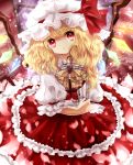  adapted_costume birdcage blonde_hair cage crystal flandre_scarlet frills hat hat_ribbon long_skirt open_mouth puffy_sleeves red_eyes ribbon short_hair short_sleeves side_ponytail skirt solo touhou wings yuki_201 