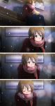  71 bench breath brown_hair closed_eyes coat comic eyes_closed hair_ornament hairclip hirasawa_yui k-on! mittens scarf scarf_over_mouth sitting snow solo 
