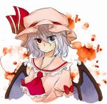  :/ ascot bat_wings blue_eyes blue_hair bow collarbone expressionless frills hat hat_bow heterochromia looking_at_viewer red_eyes remilia_scarlet short_hair short_sleeves solo touhou white_background wings yuuta_(monochrome) 