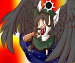  arm_cannon bird_wings black_hair blush_stickers bow cape energy_ball gomasamune hair_bow long_hair o_o open_mouth reiuji_utsuho short_sleeves solo third_eye touhou weapon wings 