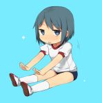  1girl blue_background blue_eyes blue_hair chibi gym_uniform kneehighs looking_at_viewer mahou_shoujo_madoka_magica miki_sayaka outstretched_arms shoes simple_background sitting solo stretch tsuzuya_(knt31) 