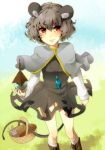  animal_ears basket boots capelet curly_hair dress grey_hair jeweled_pagoda jewelry light_smile mouse_ears mouse_tail nazrin neko-san_(dim.dream) pendant red_eyes short_hair solo standing tail tail_hold touhou 