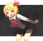  :d arched_back blonde_hair blush fang gomibox2021 hair_ornament long_sleeves open_mouth outstretched_arms ribbon rumia short_hair skirt smile solo touhou vest 