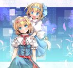  alice_margatroid alice_margatroid_(pc-98) blonde_hair blue_dress blue_eyes blush capelet culter dress dual_persona hair_ribbon hairband hand_on_head hand_on_shoulder head_tilt multiple_girls open_mouth puffy_sleeves ribbon sash shirt short_hair short_sleeves sitting skirt smile suspenders time_paradox touhou touhou_(pc-98) 