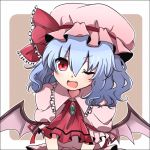  ;d bat_wings blue_hair bust fang hair_ribbon hat jewelry kessakudaze open_mouth puffy_sleeves red_eyes remilia_scarlet ribbon short_hair short_sleeves smile solo touhou wings wink 