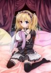  bed bed_sheet black_legwear blonde_hair blue_eyes boku_wa_tomodachi_ga_sukunai choker gothic_lolita hasegawa_kobato heterochromia highres hwaryeo lolita_fashion lolita_hairband red_eyes sitting skirt solo stuffed_animal stuffed_toy thigh-highs thighhighs twintails two_side_up wariza 