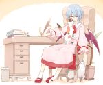  alternate_costume animal bat_wings blue_hair book cat chair closed_eyes cup drawer eyes_closed long_sleeves mary_janes puffy_sleeves quill remilia_scarlet sakuraba_yuuki shoes short_hair sitting smile solo table touhou trash_can trashcan wings 