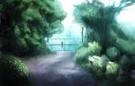  absurdres black_hair blue_eyes bush commentary commentary_request gate highres jacket onibi_(foxhound4185) original road scenery skirt solo tree 