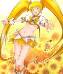  blonde_hair blush breasts cure_sunshine do do_(taka) flower hair_ribbon heart heartcatch_precure! highres long_hair magical_girl midriff myoudouin_itsuki navel outstretched_arms precure ribbon skirt solo sunflower twintails under_boob underboob yellow_eyes 