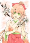  bad_id bow branch cherry_blossoms flower green_eyes hair_bow japanese_clothes long_hair nekono_koban open_mouth original petals pink_hair ponytail solo teeth 