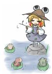  animal blonde_hair blush_stickers closed_eyes eyes eyes_closed frog gomasamune grass hat highres lily_pad long_sleeves moriya_suwako open_mouth rock short_hair solo standing touhou twig water wide_sleeves 