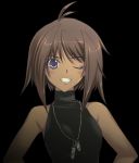  antenna_hair brown_hair dark_skin highres jewelry military muvluv muvluv_alternative muvluv_total_eclipse necklace shirt smile solo tarisa_manandal wink 