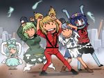  \o/ alternate_eye_color arms_up beret blonde_hair blue_hair breasts camcorder cosplay dancing dress ghost_tail graveyard green_dress green_hair hair_rings hair_stick hat japanese_clothes kaku_seiga kariginu long_sleeves michael_jackson michael_jackson_(cosplay) miyako_yoshika mononobe_no_futo multiple_girls multiple_tails onikobe_rin open_mouth outstretched_arms parody red_eyes sharp_teeth shawl short_hair short_sleeves silver_hair skirt smile soga_no_tojiko solid_circle_eyes squatting star suspenders tail tate_eboshi thriller torn_clothes touhou toyosatomimi_no_miko video_camera wide_sleeves zombie 