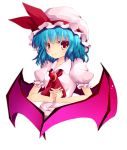  alternate_eye_color ascot bat_wings blue_hair bust collarbone hat hat_ribbon highres jewelry ken123456 puffy_sleeves remilia_scarlet ribbon short_hair short_sleeves smile solo touhou white_background wings yellow_eyes 