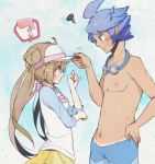  4gnal annoyed blue_hair blush brown_hair couple double_bun height_difference mei_(pokemon) pantyhose pokemon pokemon_(game) pokemon_bw2 profile raglan_sleeves raichi_(28bit!!) ribbon shizui_(pokemon) skirt twintails visor_cap 