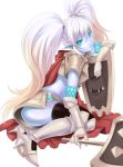  aqua_eyes armor blue_skin cape devildogs gauntlets hammer high_heels highres league_of_legends long_hair mace midriff pointy_ears poppy shield shoes solo thighhighs twintails weapon white_hair 