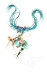  bow hatsune_miku highres microphone simple_background solo twintails vocaloid wink 