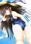  adjusting_swimsuit ass blush breasts brown_hair cloud clouds hat houraisan_kaguya kuzumomo long_hair one-piece_swimsuit open_mouth red_eyes school_swimsuit sideboob sky solo swimsuit touhou very_long_hair 