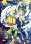  :d angel_wings armpits arms_up box daphine78805 flying gift gift_box green_eyes green_hair happy long_hair open_mouth original ribbon sandals smile star vertical-striped_legwear vertical_stripes wings 