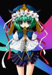  aqua_eyes frills green_hair hat highres ken123456 long_sleeves miniskirt rod rod_of_remorse shikieiki_yamaxanadu short_hair skirt solo standing touhou wide_sleeves 