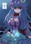  absurdres alternate_hair_color at-yui blue_hair book bow breasts cleavage crescent hair_bow hat highres large_breasts long_hair long_sleeves open_mouth patchouli_knowledge puffy_sleeves purple_eyes sitting solo touhou very_long_hair violet_eyes window 