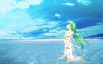  alice_carroll aria closed_eyes eyes_closed flower green_hair hat hat_removed headwear_removed long_hair profile sky solo soshina_nohito summer text wading water 