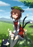  animal animal_ears brown_hair butterfly cat cat_ears cat_tail chen cloud clouds coco0932 earrings field grass hat insect jewelry long_sleeves multiple_tails open_mouth red_eyes rock short_hair sky solo tail tears touhou tree 