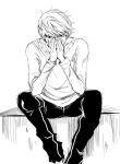  black_eyes crossover death_note fusion hands_on_own_face l male monochrome narukami_yuu pants parody persona persona_4 short_hair sitting solo suta_furachina sweater 