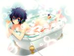  absurdres arched_back ass barefoot bathing bathtub blue_eyes blue_hair breasts bubble_blowing carnelian cleavage hat headphones highres nude para-sol parted_lips partially_submerged rubber_duck scan short_hair solo top_hat water yatabe_miu 