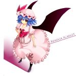  1girl ascot bat_wings blue_hair character_name hat hat_ribbon jewelry ken123456 puffy_sleeves red_eyes remilia_scarlet ribbon short_hair short_sleeves smile solo standing touhou wings 