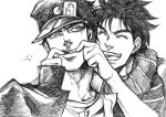  &gt;_&lt; :d anger_vein bud_(korovsme) cheek_pull family gakuran graphite_(medium) hat jojo_no_kimyou_na_bouken joseph_joestar_(young) kuujou_joutarou monochrome multiple_boys open_mouth scarf school_uniform smile time_paradox traditional_media 