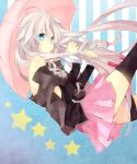  blonde_hair blue_eyes braid highres ia_(vocaloid) long_hair looking_at_viewer off_shoulder pink_hair single_thighhigh skirt smile solo star takamy thigh-highs thigh_strap thighhighs twin_braids umbrella very_long_hair vocaloid 