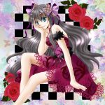  @games bare_legs black_hair blue_eyes bow dress flower kisaragi_mizuka long_hair rose smile solo wavy_hair 