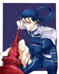  blue_hair earrings fate/stay_night fate_(series) gae_bolg jewelry lancer long_hair male oekaki-daisuki-dessu perspective polearm ponytail red_eyes solo spear weapon 
