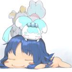  akinbo_(hyouka_fuyou) animal_on_head blue_hair blush_stickers chibi chypre_(heartcatch_precure!) closed_eyes coffret_(heartcatch_precure!) creature heartcatch_precure! kurumi_erika long_hair lowres lying nude on_floor on_stomach precure simple_background sleeping white_background 
