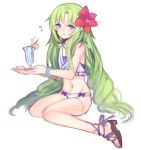  androgynous bikini blue_eyes blush crossdressinging flower green_hair hair_flower hair_ornament high_heels kuuko long_hair male navel open_mouth original plate sandals scar shoes simple_background sitting stitches swimsuit trap very_long_hair white_background 