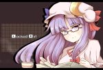  bespectacled book bow crescent cup glasses hair_bow hat long_hair looking_at_viewer patchouli_knowledge purple_eyes purple_hair reading smile solo soramuko steam teacup touhou violet_eyes 
