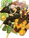  1girl audino baseball_cap brown_hair duosion emboar hat karatou leavanny long_hair pokemon pokemon_(creature) pokemon_(game) pokemon_bw ponytail riding touko_(pokemon) zebstrika 