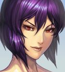  close-up face ghost_in_the_shell gradient gradient_background kusanagi_motoko lieqi_hun lips portrait purple_hair red_eyes short_hair smile solo 