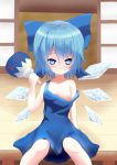  akabane_hitsugi aqua_eyes blue_eyes blue_hair blush bow cirno clenched_teeth collarbone fan hair_bow ice ice_wings off_shoulder short_hair solo strap_slip touhou wings 