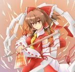  ascot blush bow brown_eyes brown_hair detached_sleeves hair_bow hair_tubes hakurei_reimu natsume_riu ofuda ponytail short_hair slit_pupils solo touhou wide_sleeves 