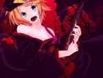  bare_shoulders blonde_hair blue_eyes breasts cleavage electric_guitar guitar hair_ornament hairclip highres instrument japanese_clothes kagamine_rin open_mouth short_hair solo tengaku_(vocaloid) uryu vocaloid 